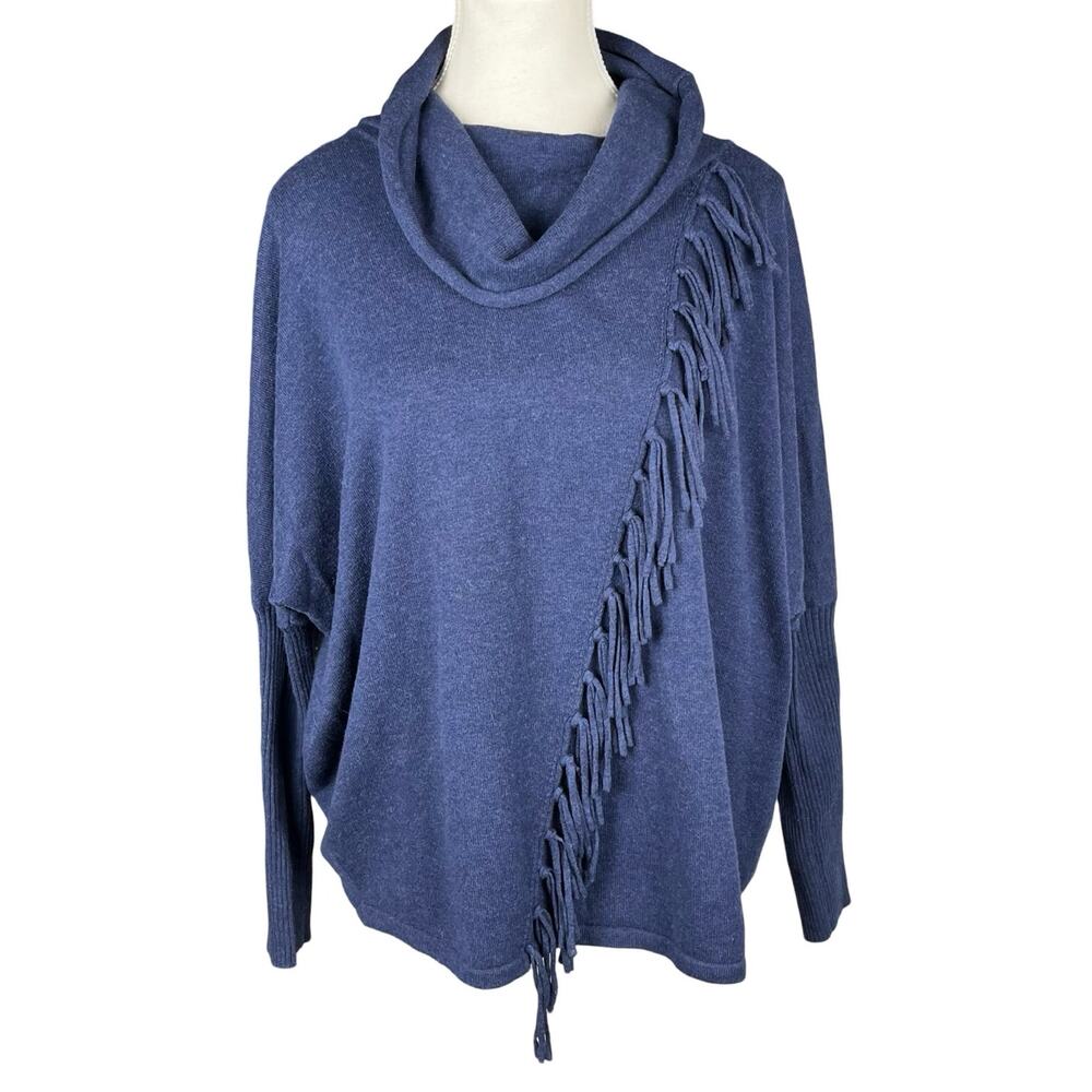 MARBLE Women's Small Blue Sweater Diagonal Fringe Bat‎ Wing Cowl Neck Scotland